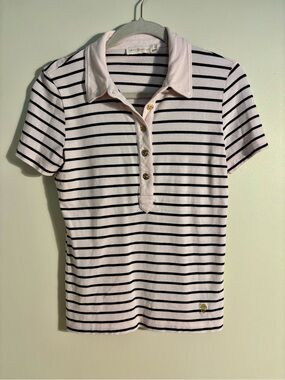 Tory Burch - Striped Polo Tee Shirt in Light Pink and Black - sz S